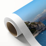 Art deco poster of Capri, Italy in muted blue and white tones on rolled canvas, ideal for nursery wall art or dining room.