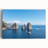 Black and white print of the Capri coastline on stretched canvas, ideal for kitchen wall art or bedroom ambiance.