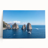Black and white stretched canvas of Capri, Italy scenery, ideal for kitchen wall art.