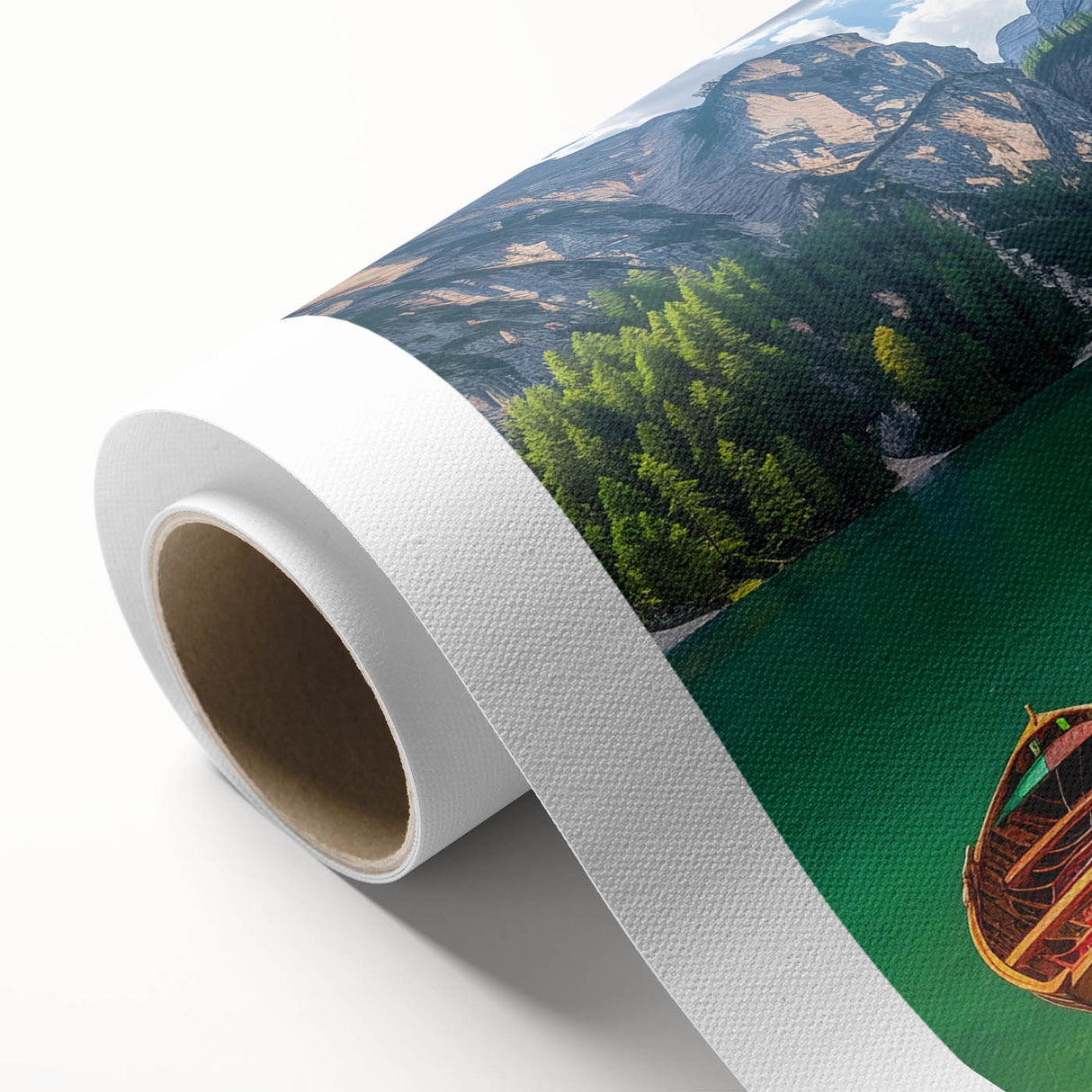 Art deco poster of Dolomites in Italy, displaying muted earth tones on rolled canvas, ideal for nursery wall art.