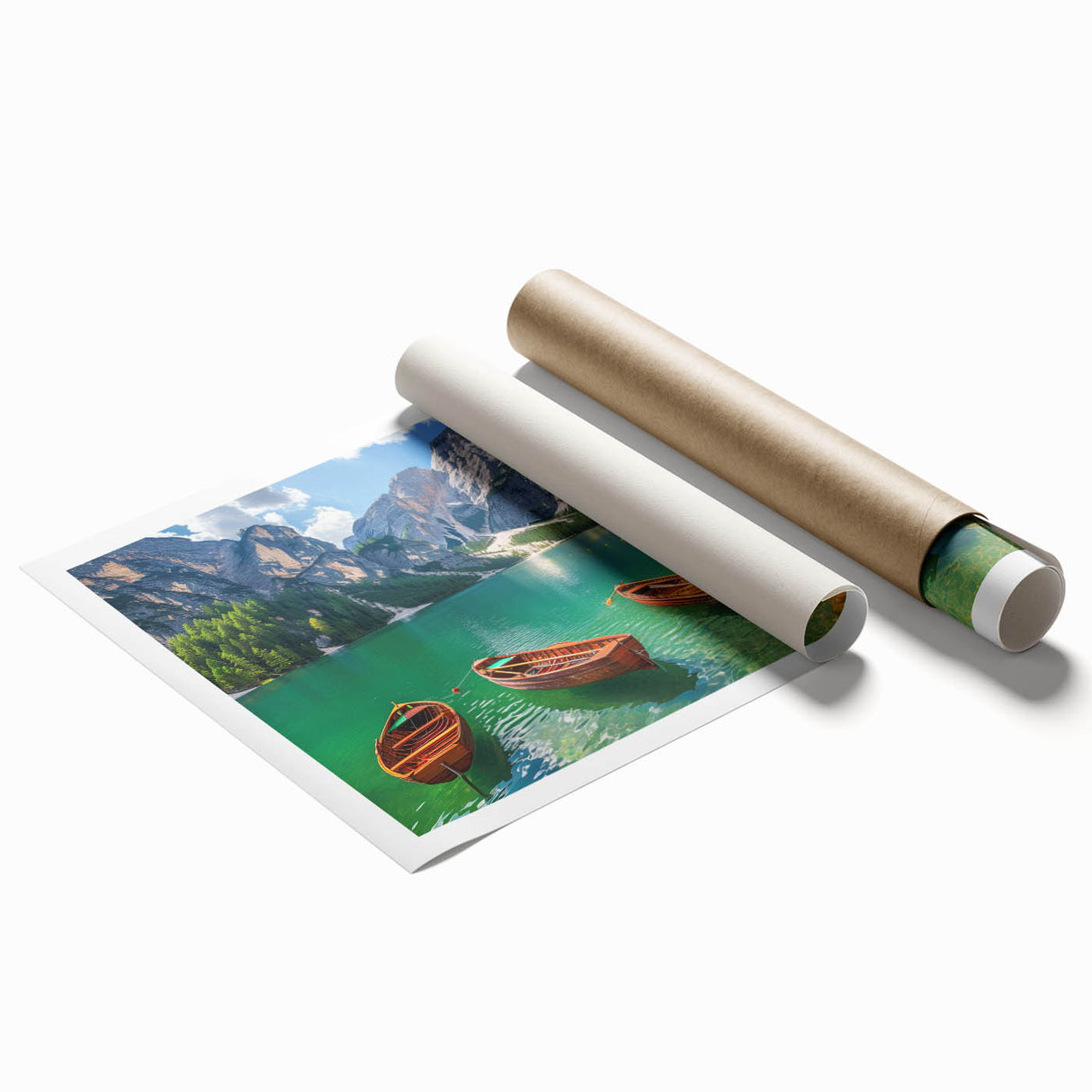 Extra large rolled print of the Dolomites in Italy, featuring muted green and blue tones, ideal for classy bathroom wall art.