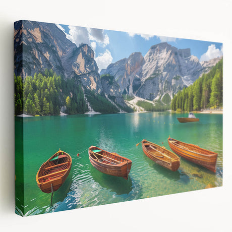 Landscape painting of the Dolomites in Italy on stretched canvas, featuring earthy green and blue tones.