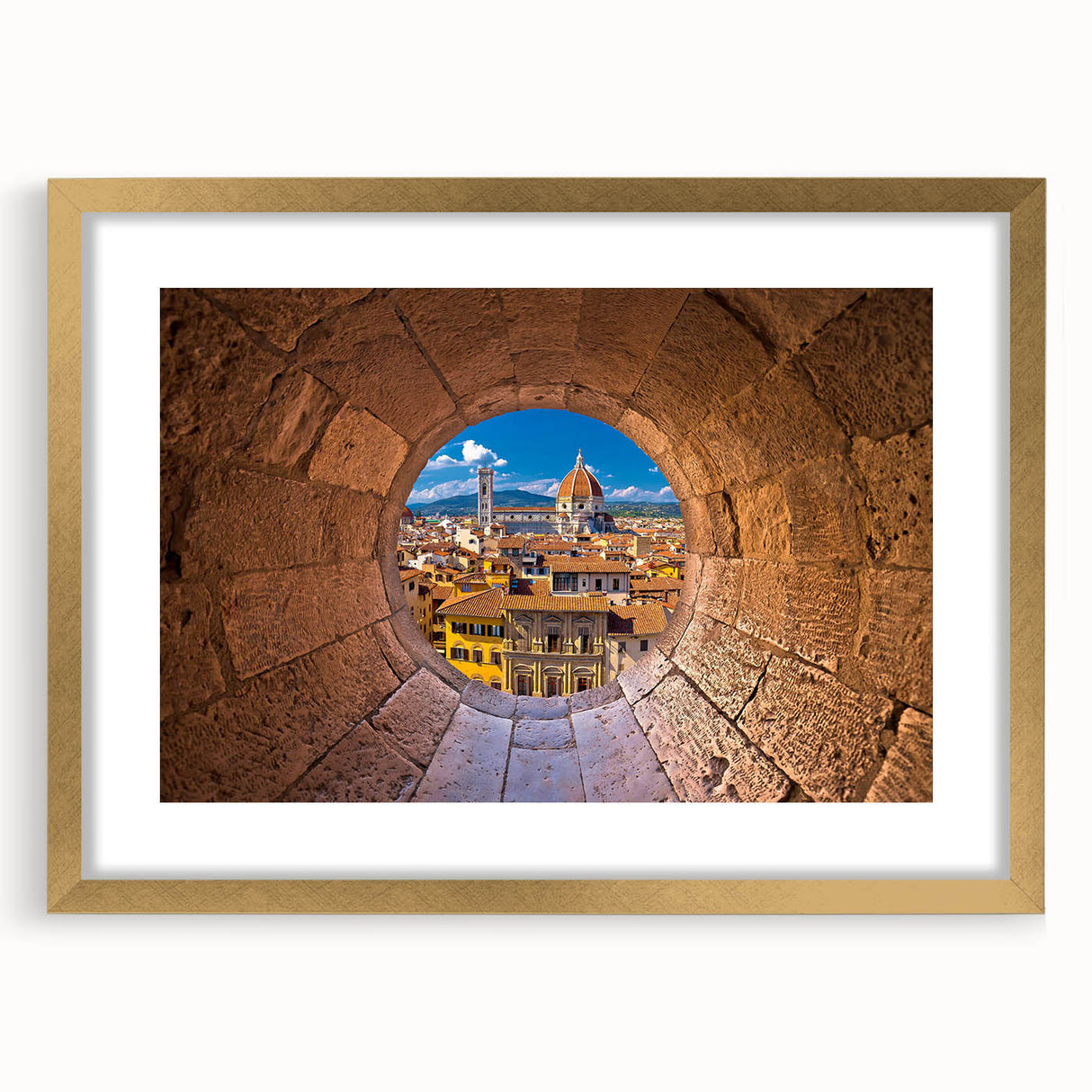 Abstract art print of Florence scenery in muted earth tones on a framed canvas, ideal for dining room decor.