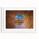 Textured abstract art print depicting the Florence skyline in muted earth tones, framed with a white mat.