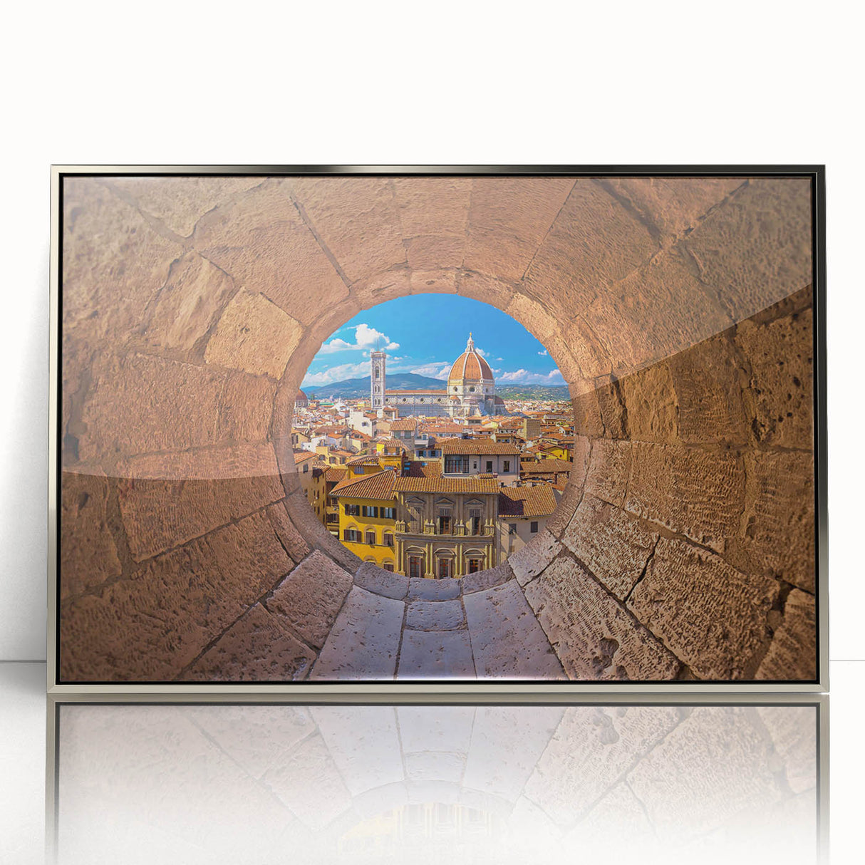 Framed acrylic print of Florence scenery in muted earth tones, ideal for modern art wall decor.