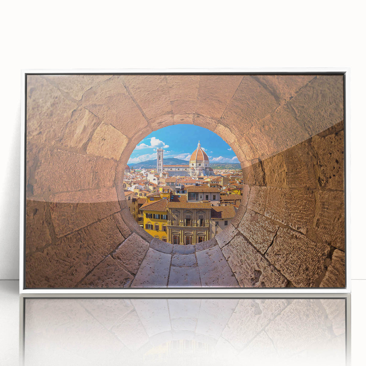 Mid-century modernist art depicting the Florence skyline in pastel shades on a framed acrylic.
