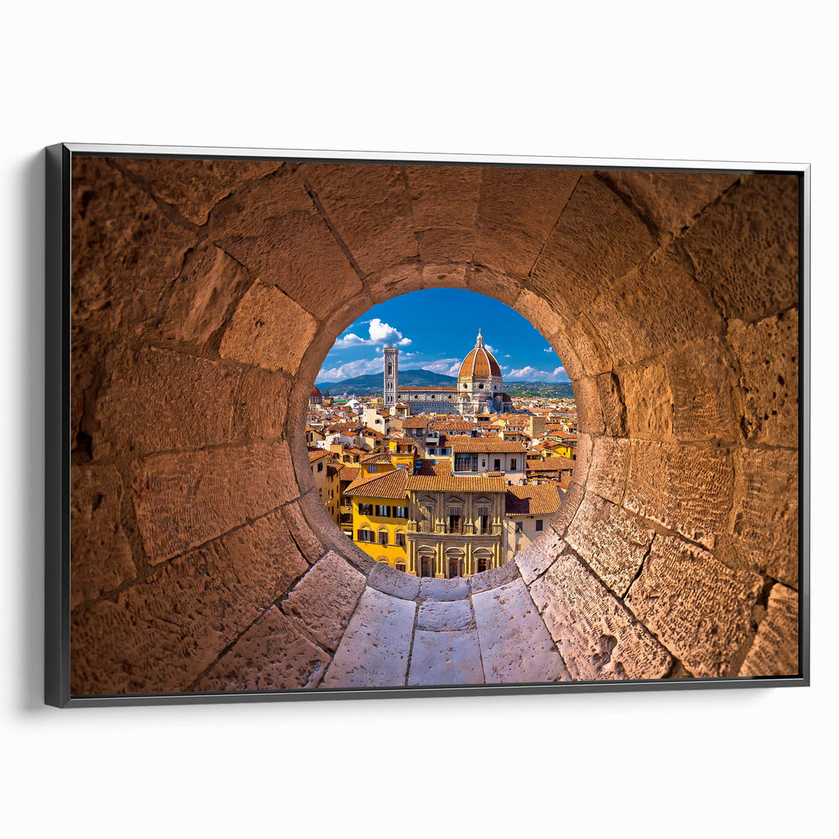 Black and white framed canvas of Florence landscape, vintage poster style, ideal for bedroom wall art.