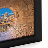Framed canvas depicting a textured scene of Florence, Italy, with a black background and colorful details.