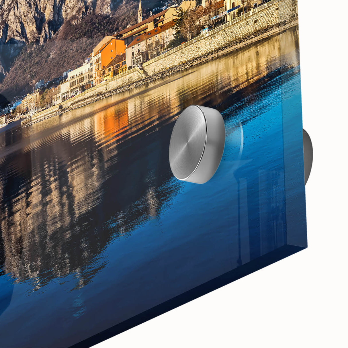 Mid-century modernist art of Lake Como with muted blue and green tones on acrylic glass, ideal for dining room art.