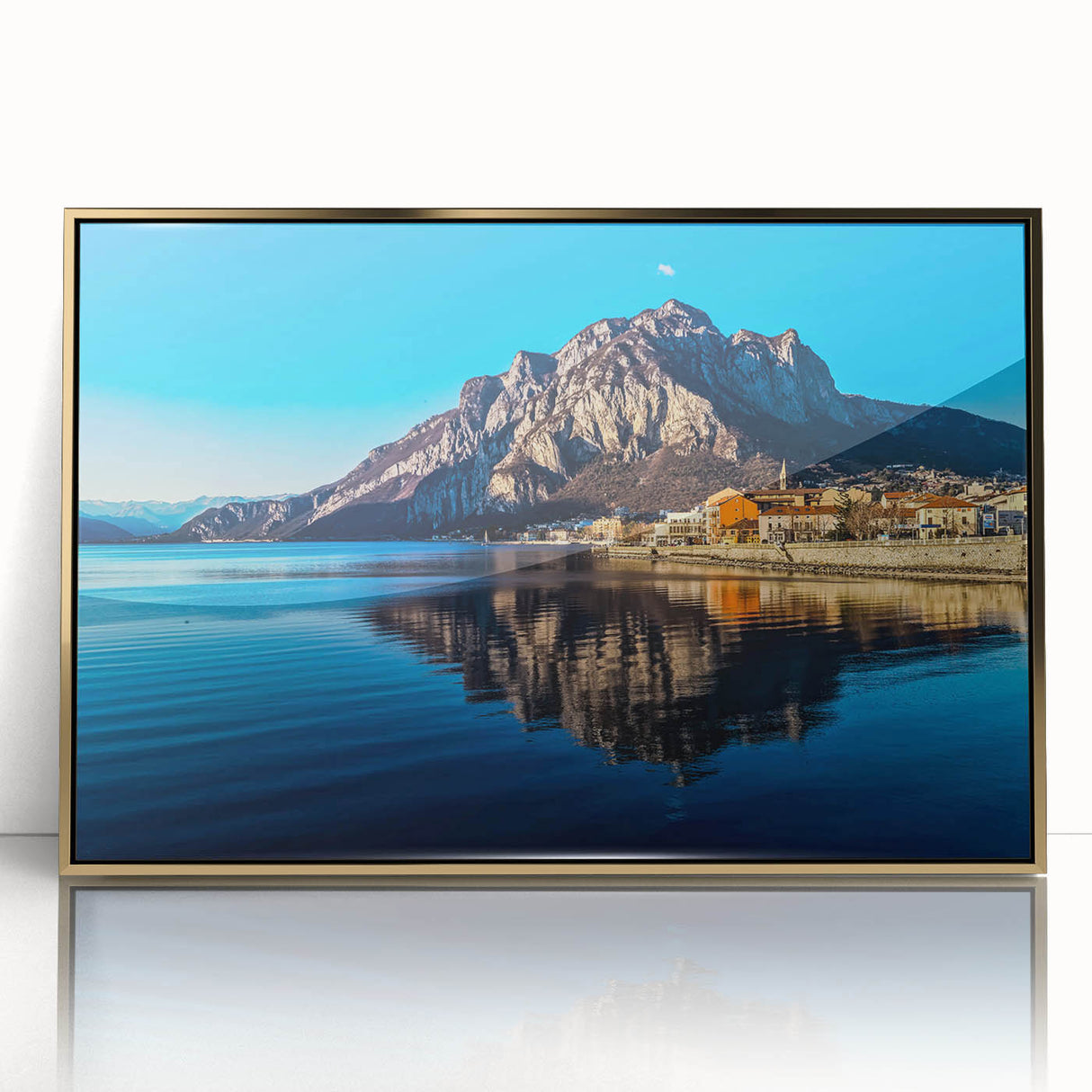 Art Deco poster of Lake Como with muted blue and gold tones on framed acrylic, suitable for modern art wall decor.