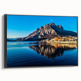 Black and white framed canvas of Lake Como landscape with vintage poster art style, ideal for bedroom wall decor.