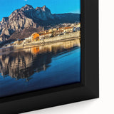 Extra large framed canvas of Lake Como with textured black and colorful art, ideal for living room decor.