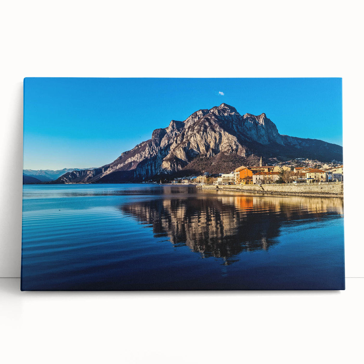 Black and white stretched canvas of Lake Como, ideal for kitchen wall art.