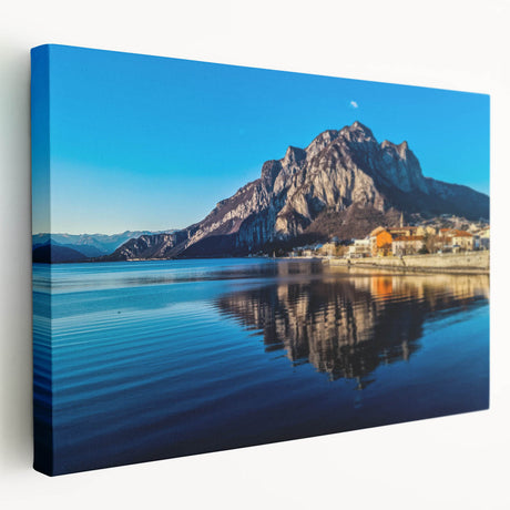 Large art depicting Lake Como with muted blue and green hues on stretched canvas, ideal for kitchen wall art.