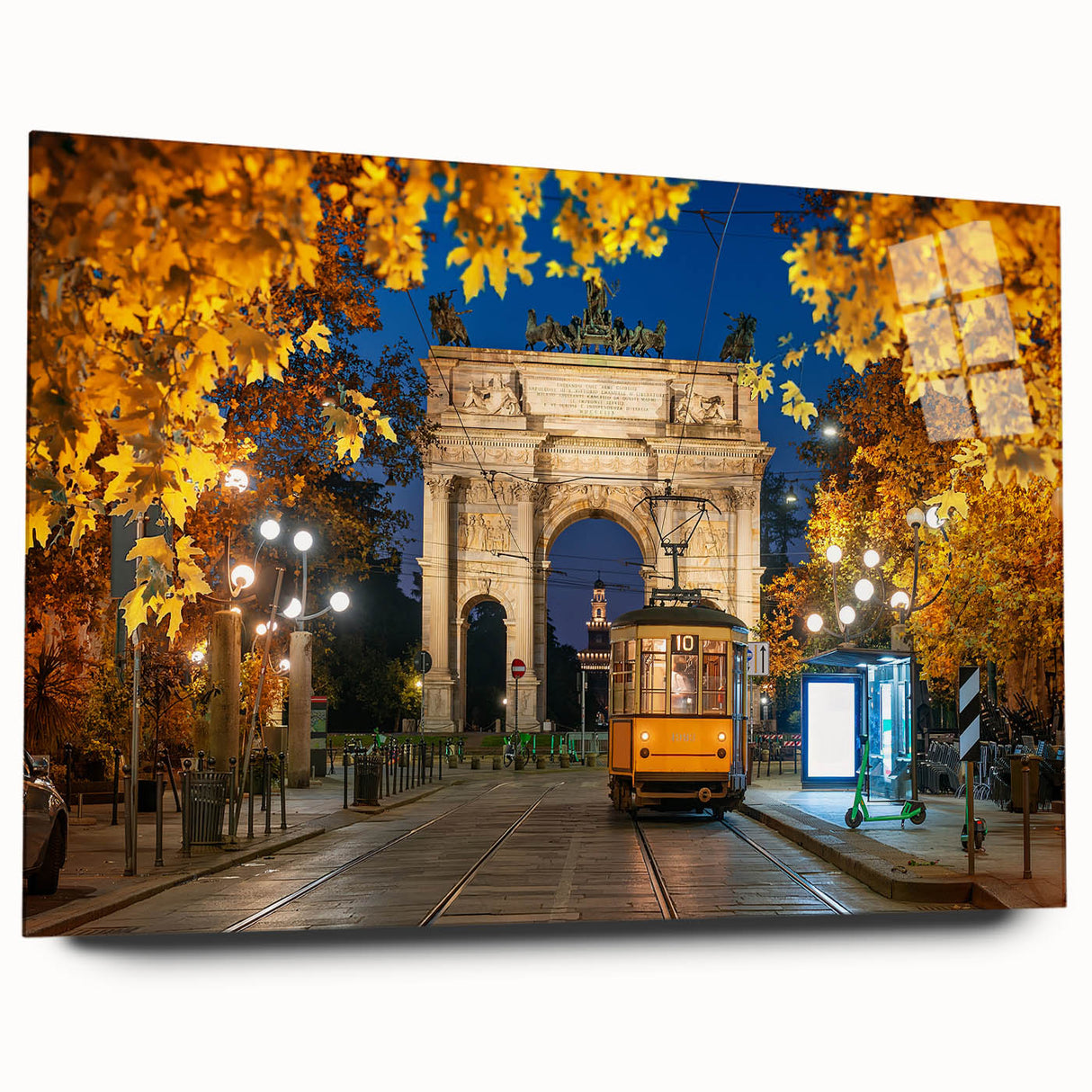 Acrylic print of a large abstract depiction of Milan with muted earth tones, ideal for bedroom or dining room art.