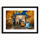 Extra large abstract art print of Milan scenery in vibrant colors on textured canvas, framed in black.