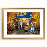 Abstract art print of Milan scenery in muted gold and gray tones on a framed canvas, suitable for dining room or bedroom.