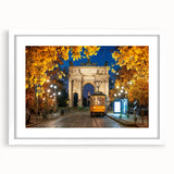 Textured abstract art print of Milan scenery in muted earth tones on a framed white mat, ideal for bedroom art.