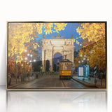 Art deco poster of Milan scenery, in muted gold and ivory tones on acrylic framed material.