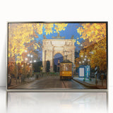 Mid-century modernist art of Milan scenery in muted earth tones on a silver-framed acrylic print.