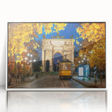 Mid-century modernist art depicting Milan scenery in muted earth tones on a white framed acrylic print.