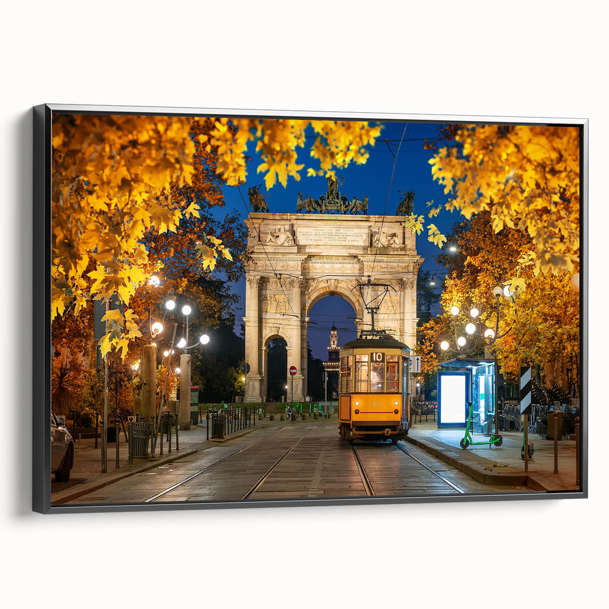 Black and white framed canvas of Milan landscape, in vintage poster art style, suitable for bedroom decor.