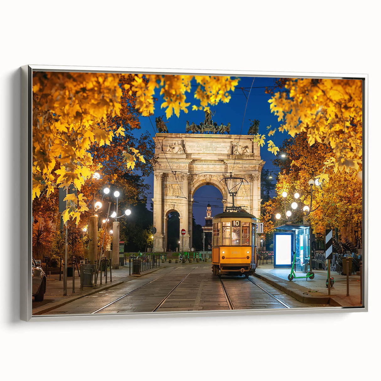 Framed canvas landscape art painting of Milan with a vintage poster style, featuring colorful elements on a black background.