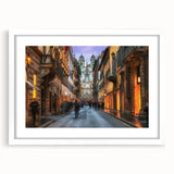 Textured art print depicting an abstract European scenery in Rome, framed in white, suitable for bedroom decor.