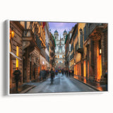 Vintage poster art of Rome on extra large framed canvas, featuring colorful imagery against a black background.