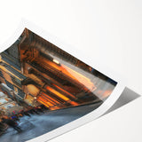 Extra large wall art featuring line art flowers over a muted Rome scenery on a rolled print.