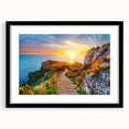 Extra large abstract art print of colorful Sicilian scenery on textured canvas, framed in black, ideal for living room decor.