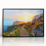 Large abstract wall art depicting a Sicilian landscape in muted earth tones, framed in black acrylic.