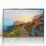 Art deco poster of Sicilian scenery on gold-framed acrylic, featuring muted earth tones.