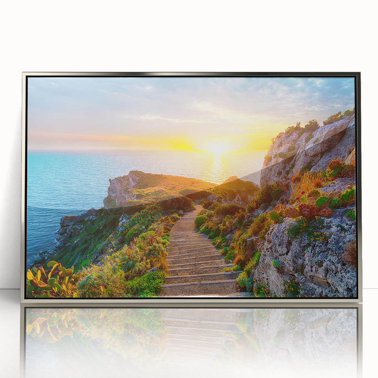 Large art print of a Sicilian landscape in silver-framed acrylic, featuring mid-century modernist style.