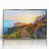 Large art print of a Sicilian landscape in silver-framed acrylic, featuring mid-century modernist style.