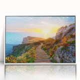 Mid-century modernist art of a Sicilian landscape in acrylic, framed in white, ideal for nursery wall art.