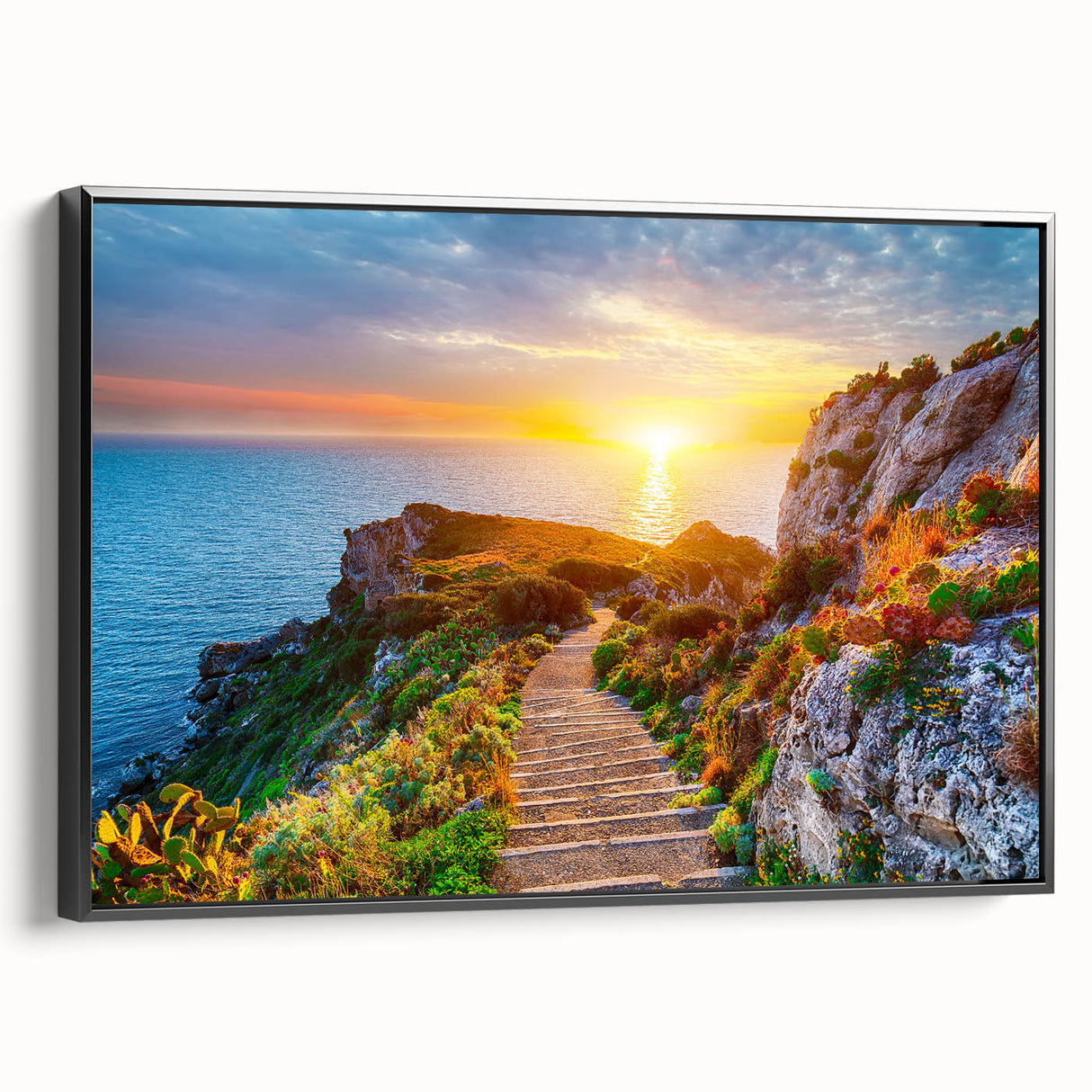 Black and white wall art of a Sicilian landscape on framed canvas, ideal for bedroom decor, featuring vintage poster style.