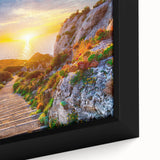 Extra large framed canvas featuring a textured black wall art of a colorful Sicilian landscape, ideal for living room decor.