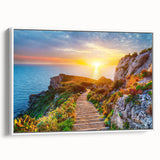 Vintage poster art of a Sicilian landscape on framed canvas, featuring vibrant colors, ideal for living room decor.
