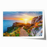 Rolled print of Sicilian landscape featuring muted earth tones and floral elements, suitable for art wall dining room.