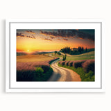 Textured art of Tuscany landscape in muted earth tones on a framed white mat, ideal for bedroom art.