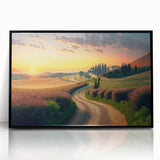 Large abstract wall art depicting a Tuscan landscape in muted earth tones on a framed acrylic.