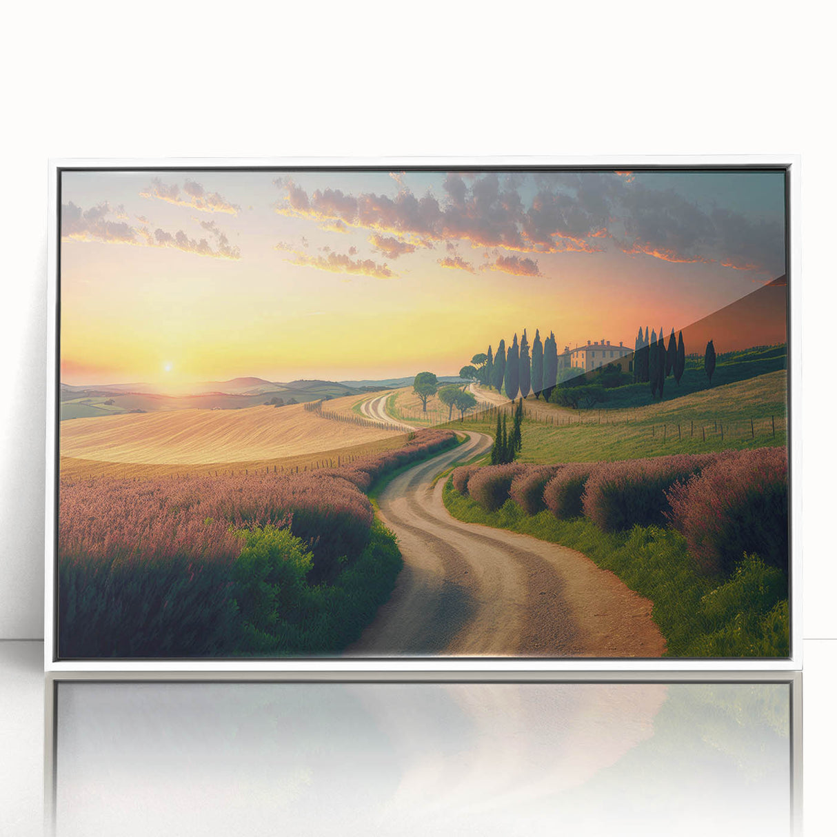 Mid-century modernist art of Tuscany landscape in acrylic, framed with white border, ideal for nursery wall art.