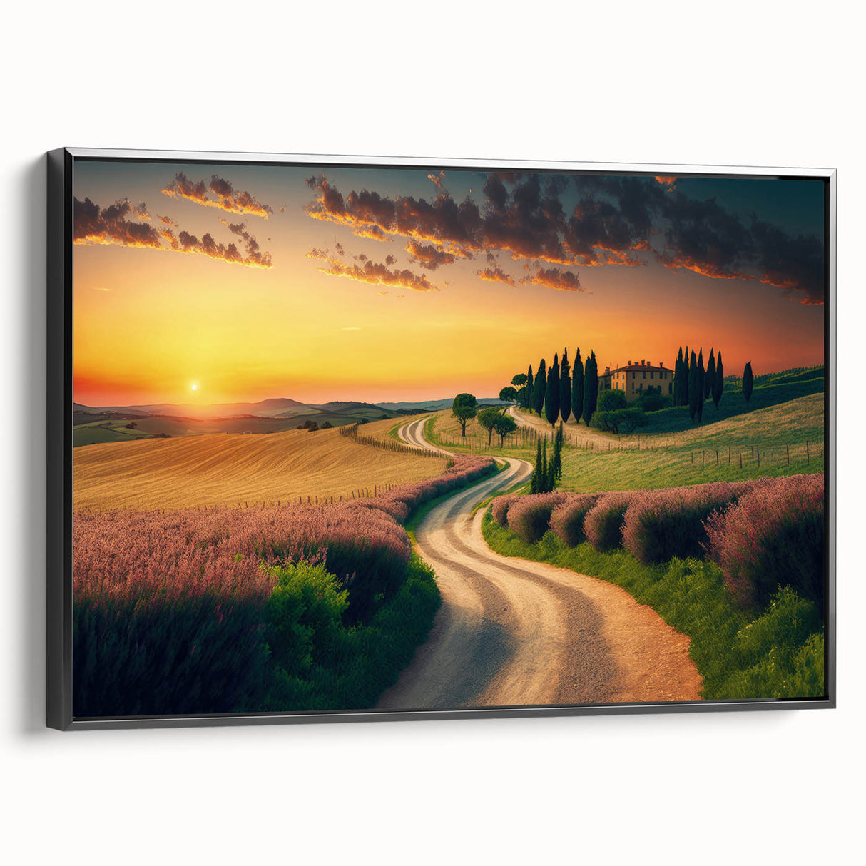 Black and white framed canvas of Tuscan landscape, ideal for bedroom wall art.