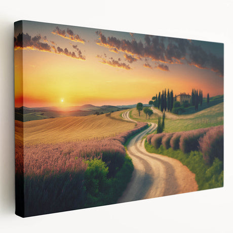 Large art depicting a scenic Tuscany landscape on stretched canvas, featuring muted earth tones, ideal for kitchen wall art.