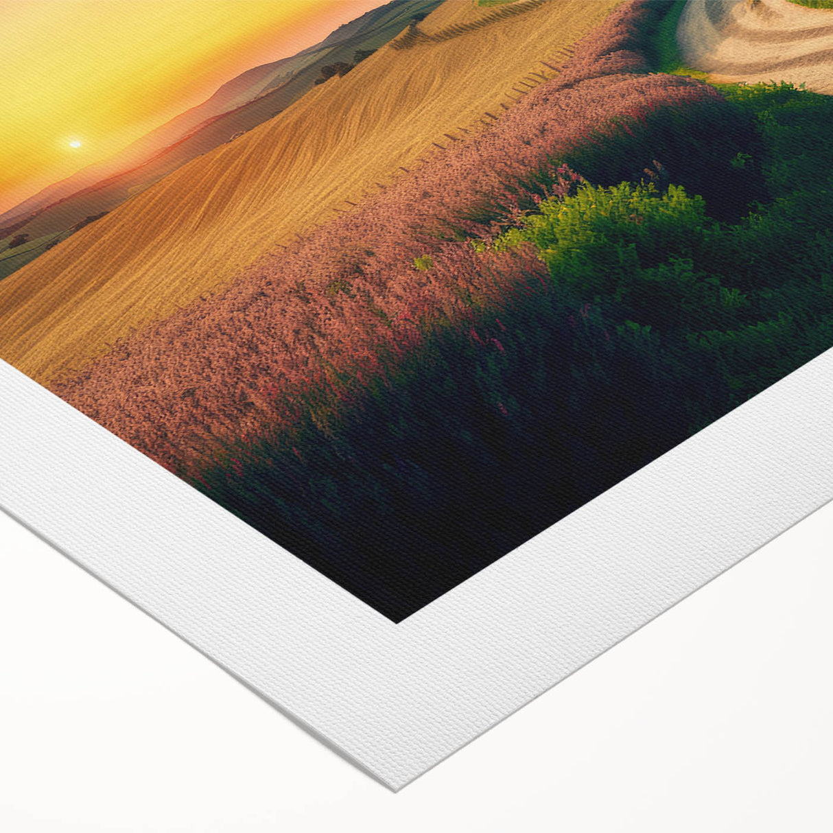 Art deco poster of Tuscany landscape in muted earth tones on rolled canvas, suitable for dining room wall art.