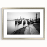 Extra large framed wall art of an abstract Venice scenery in muted blue and silver tones, suitable for living room decor.