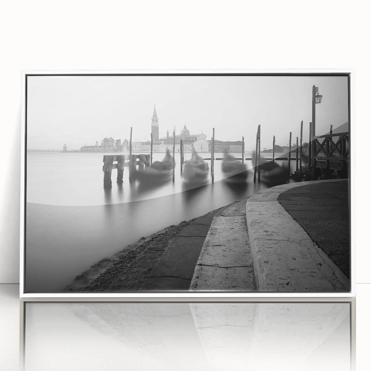 Mid-century modernist art depicting a Venetian canal scene in muted pastel shades on a framed acrylic.