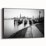 Black and white framed canvas of Venice landscape, ideal for bedroom wall art in a vintage poster style.
