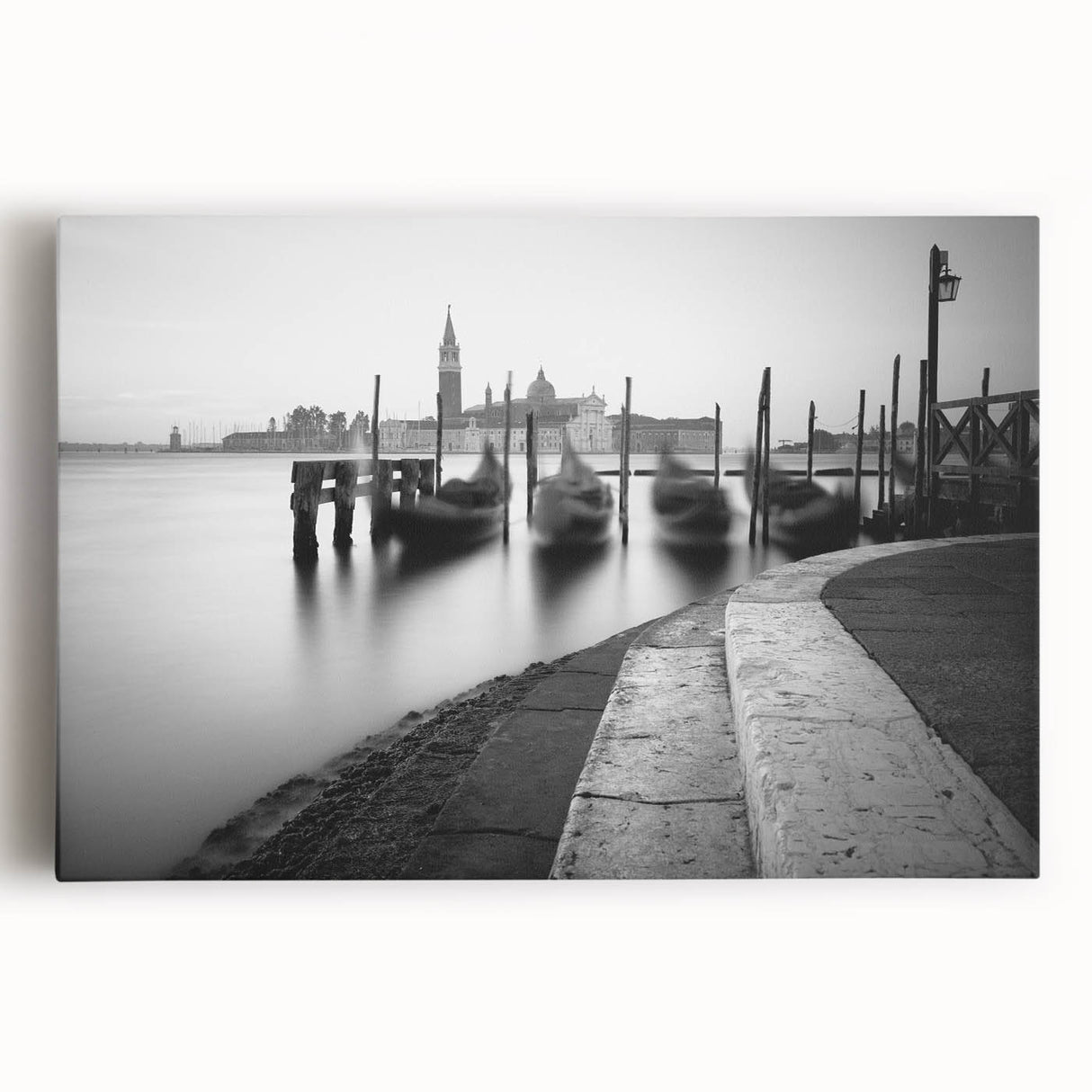 Black and white stretched canvas of Venice scenery, ideal for kitchen wall art or bedroom ambiance.